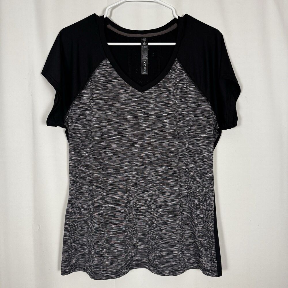 NYL Sport Athletic Top Womens Large Black Gray Space Dye V Neck Active Tee